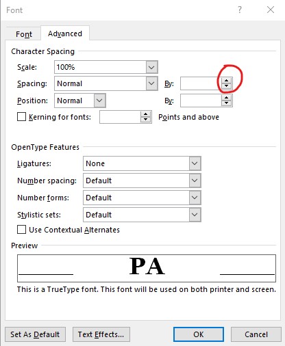 screenshot of the Font box showing where to adjust