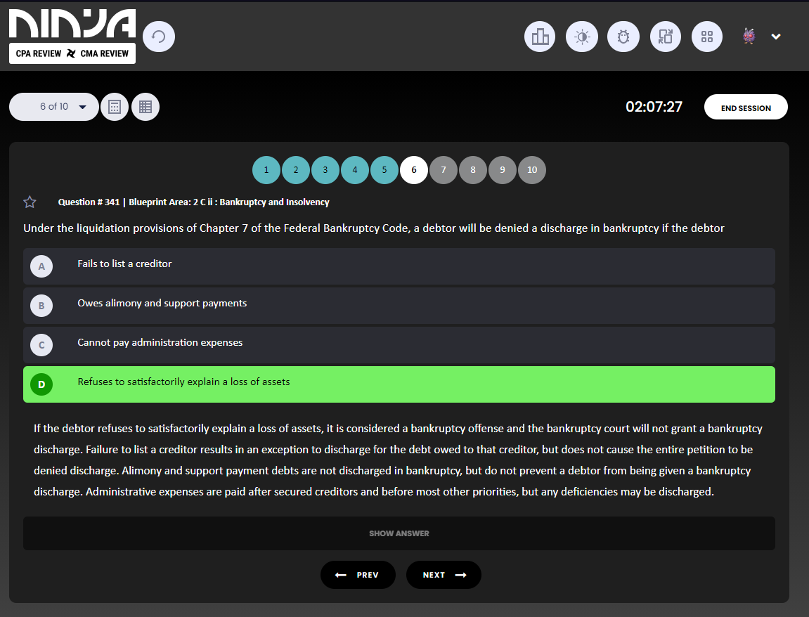 Sample Screenshot of a question and explanation from the NinjaCPA Test Bank